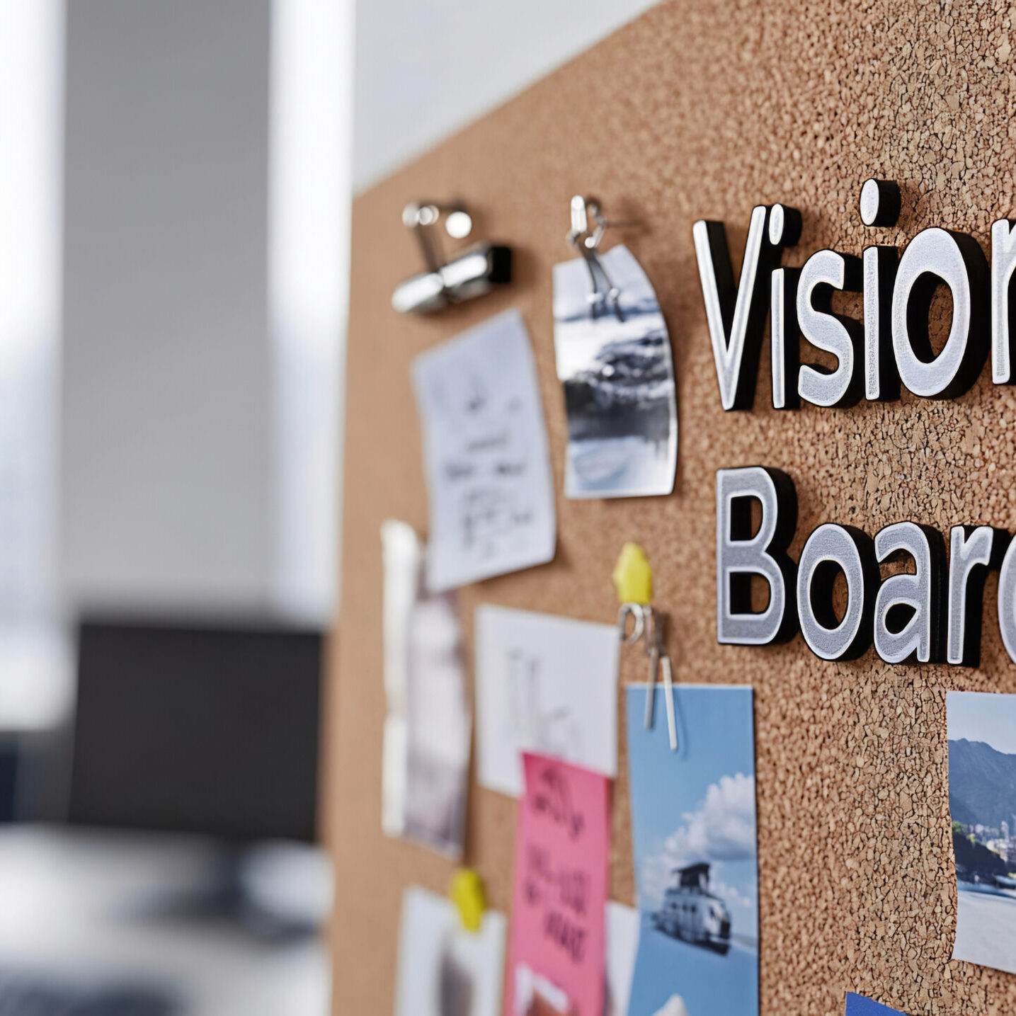 Vision board with pinned inspirations, travel memories, and self-improvement goals A vision board designed for motivation and personal growth, featuring pinned travel memories, lifestyle aspirations, and motivational elements in an organized display.