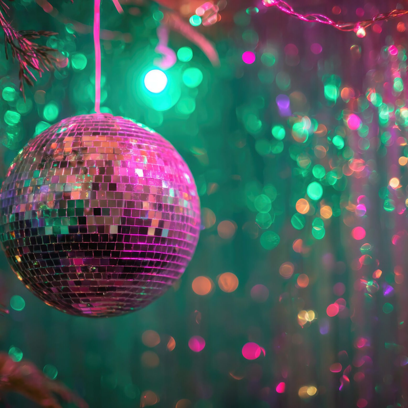 Shimmering disco ball reflects vibrant lights amidst festive dec Shimmering disco ball reflects vibrant lights amidst festive decor